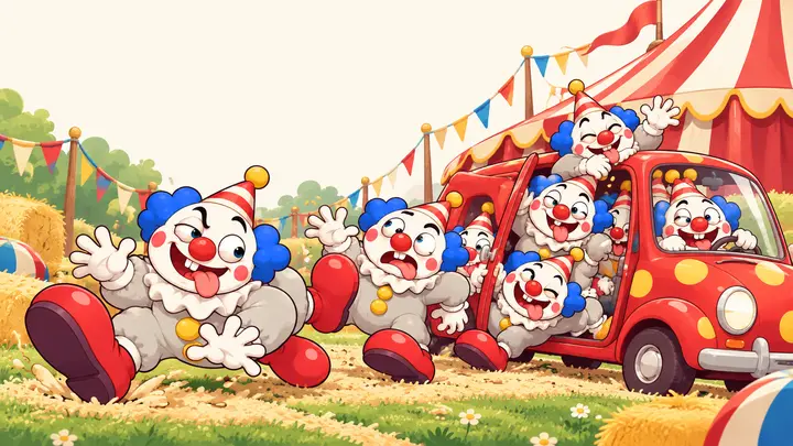 Freche Clowns mit Glubschaugen purzeln aus einem kleinen Clownwagen.